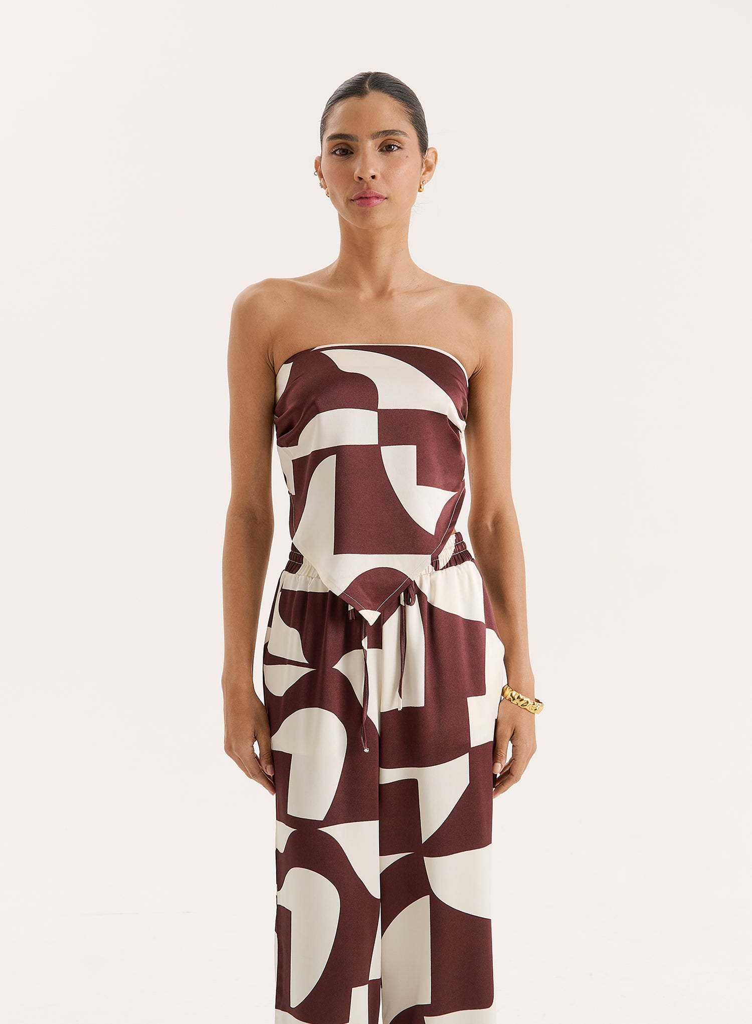 Chocolate Abstract Print Satin Bandeau Top